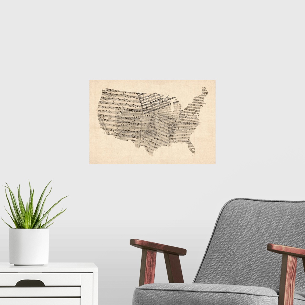 A modern room featuring United States Sheet Music Map