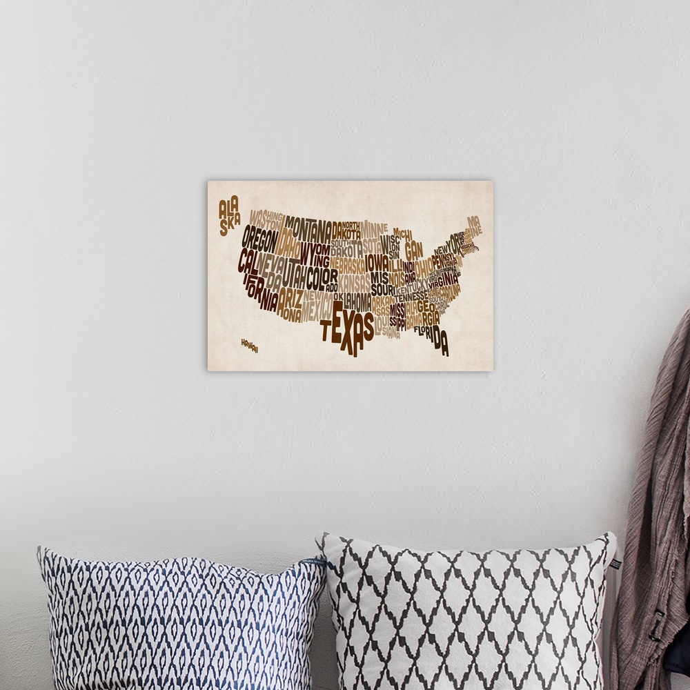 A bohemian room featuring United States Typography Text Map