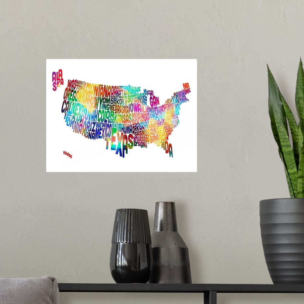 A modern room featuring United States Typography Text Map