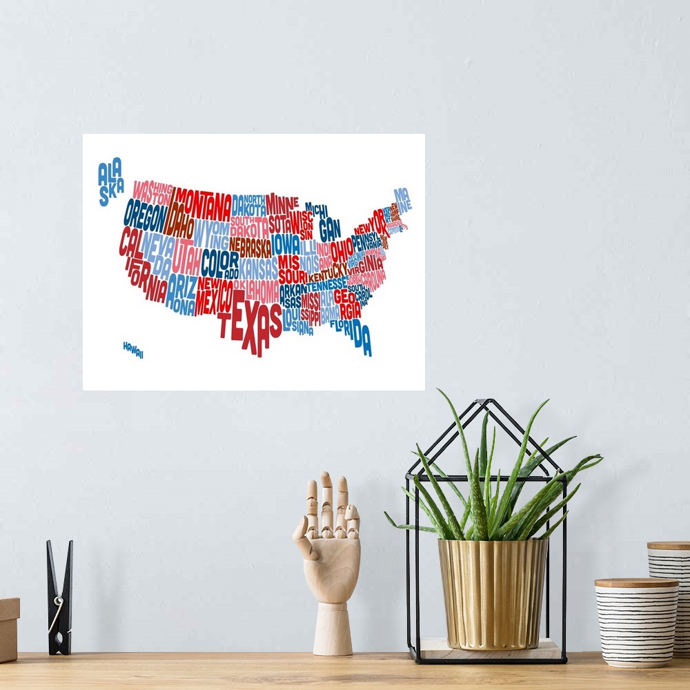 A bohemian room featuring Contemporary piece of artwork of a map of the United States made up of the names of the states.