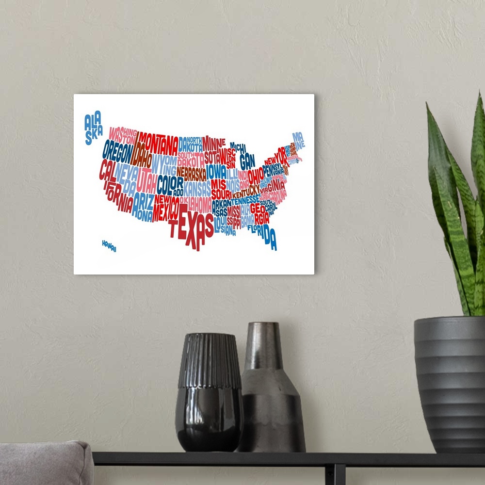 A modern room featuring Contemporary piece of artwork of a map of the United States made up of the names of the states.