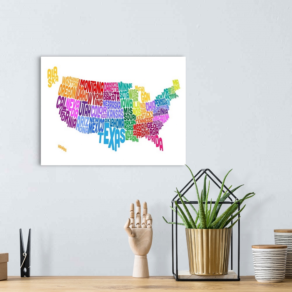 A bohemian room featuring Contemporary piece of artwork of a map of the United States made up of the names of the states.