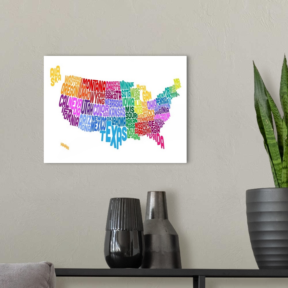 A modern room featuring Contemporary piece of artwork of a map of the United States made up of the names of the states.