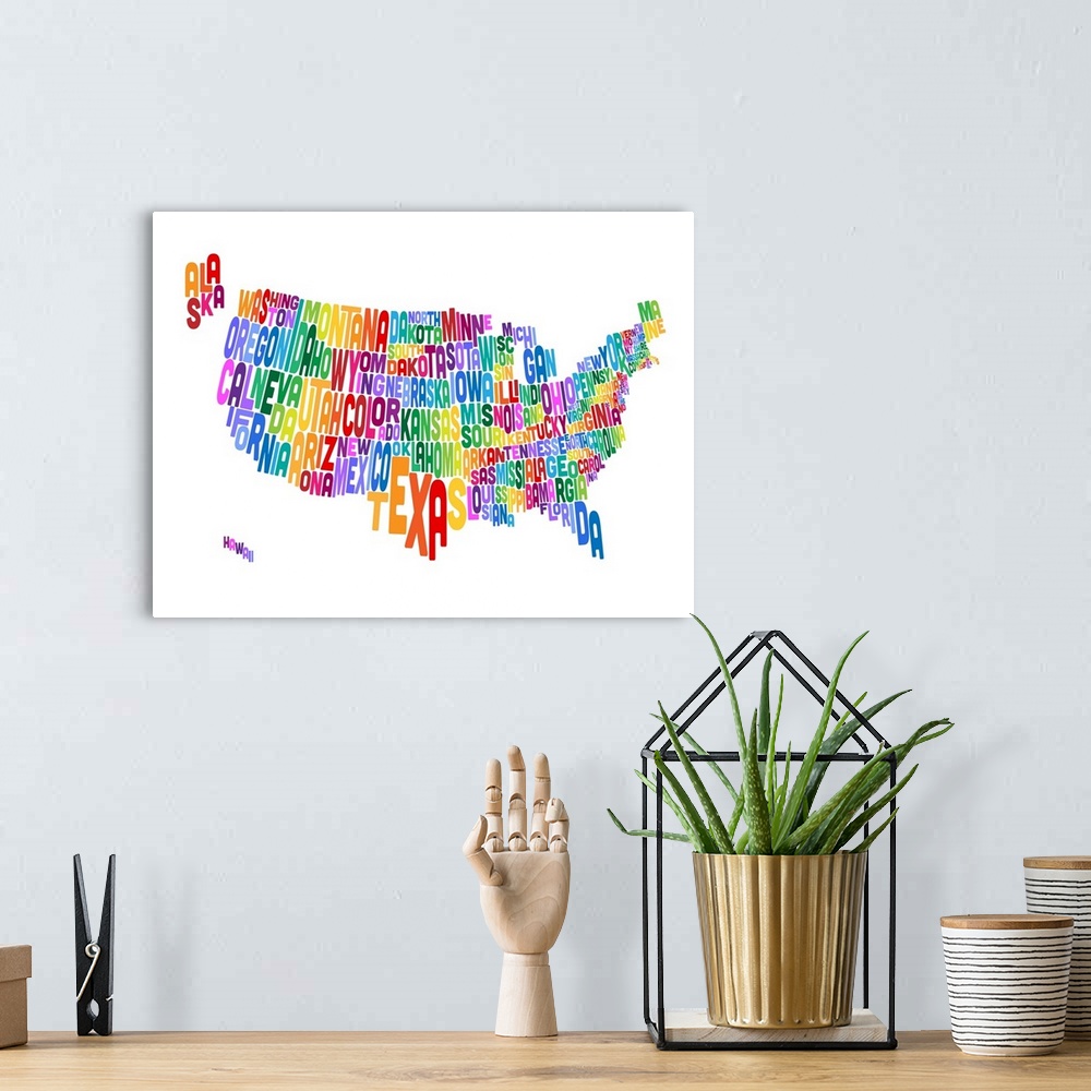 A bohemian room featuring Contemporary typography world map. Each state shape is the name of that state.