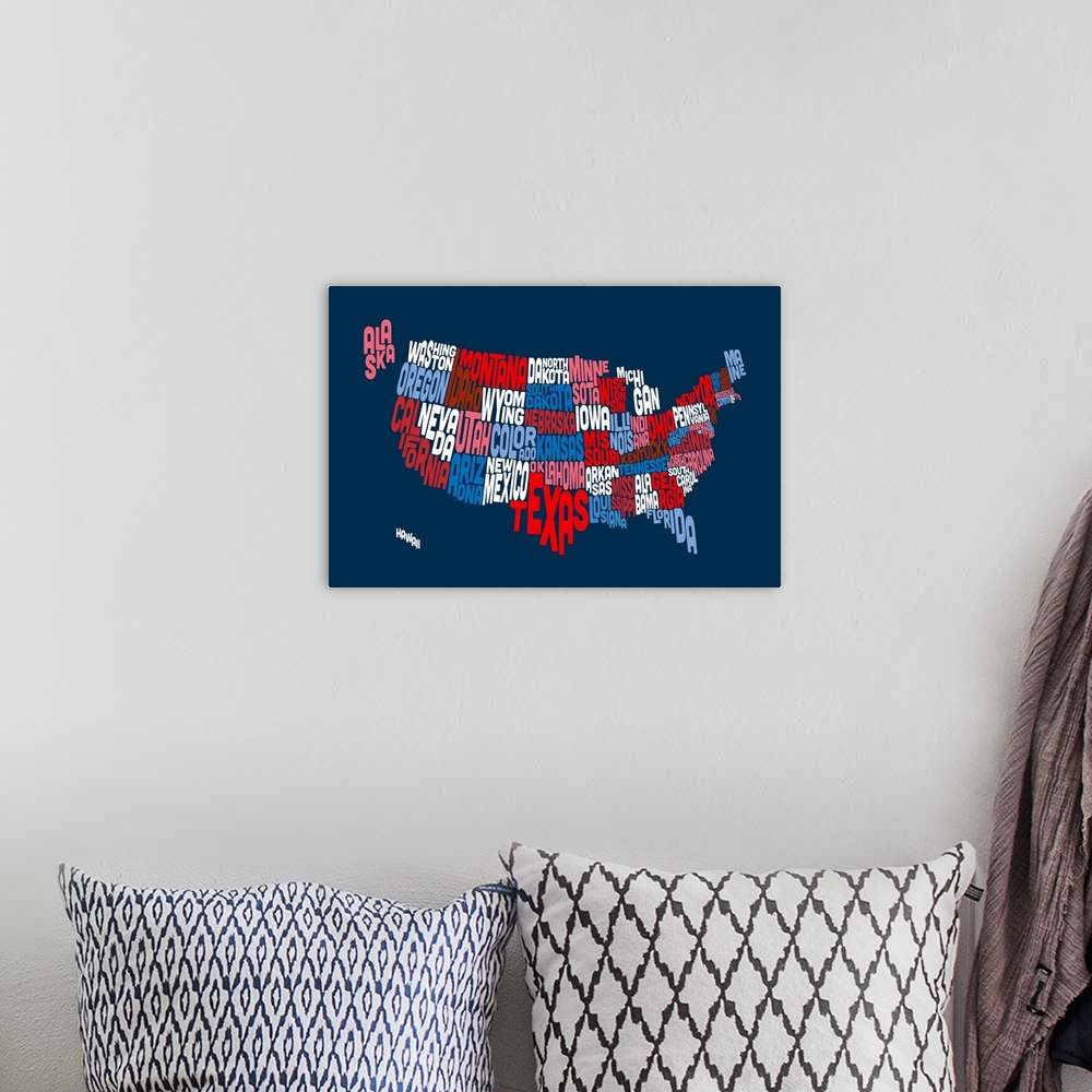 A bohemian room featuring United States Typography Text Map, Red White and Blue