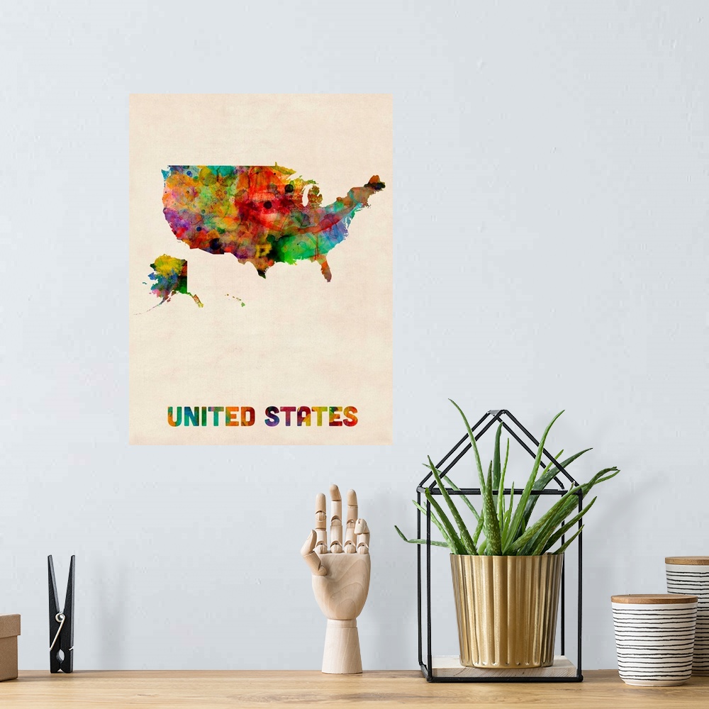 A bohemian room featuring United States Watercolor Map