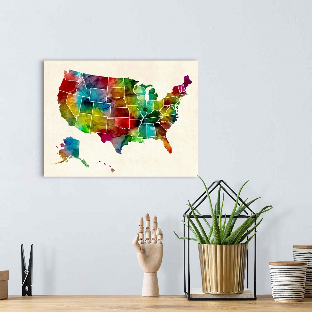 A bohemian room featuring United States Watercolor Map