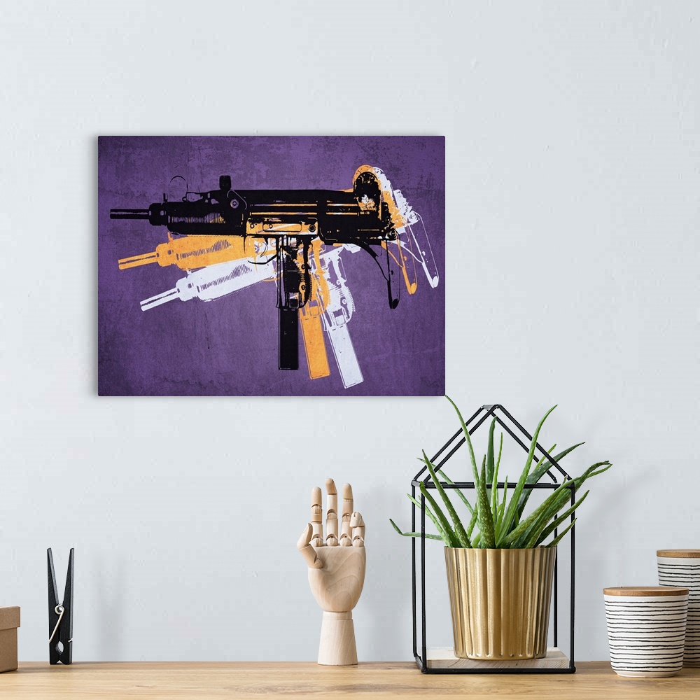 A bohemian room featuring Uzi Pistol Sub Machine Gun on Purple, Pop Art