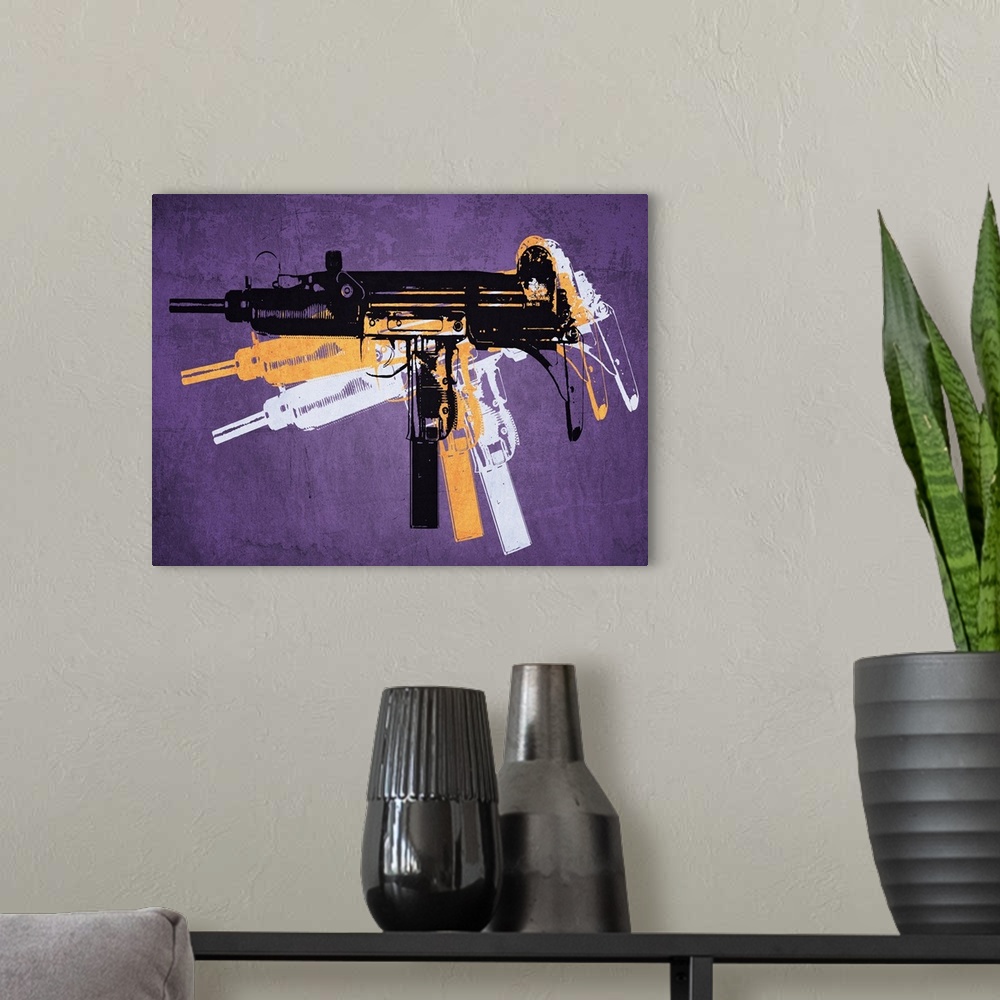 A modern room featuring Uzi Pistol Sub Machine Gun on Purple, Pop Art