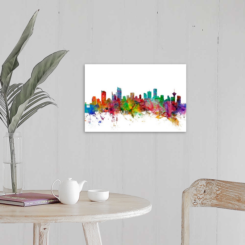 A farmhouse room featuring Watercolor artwork of the Vancouver skyline against a white background.