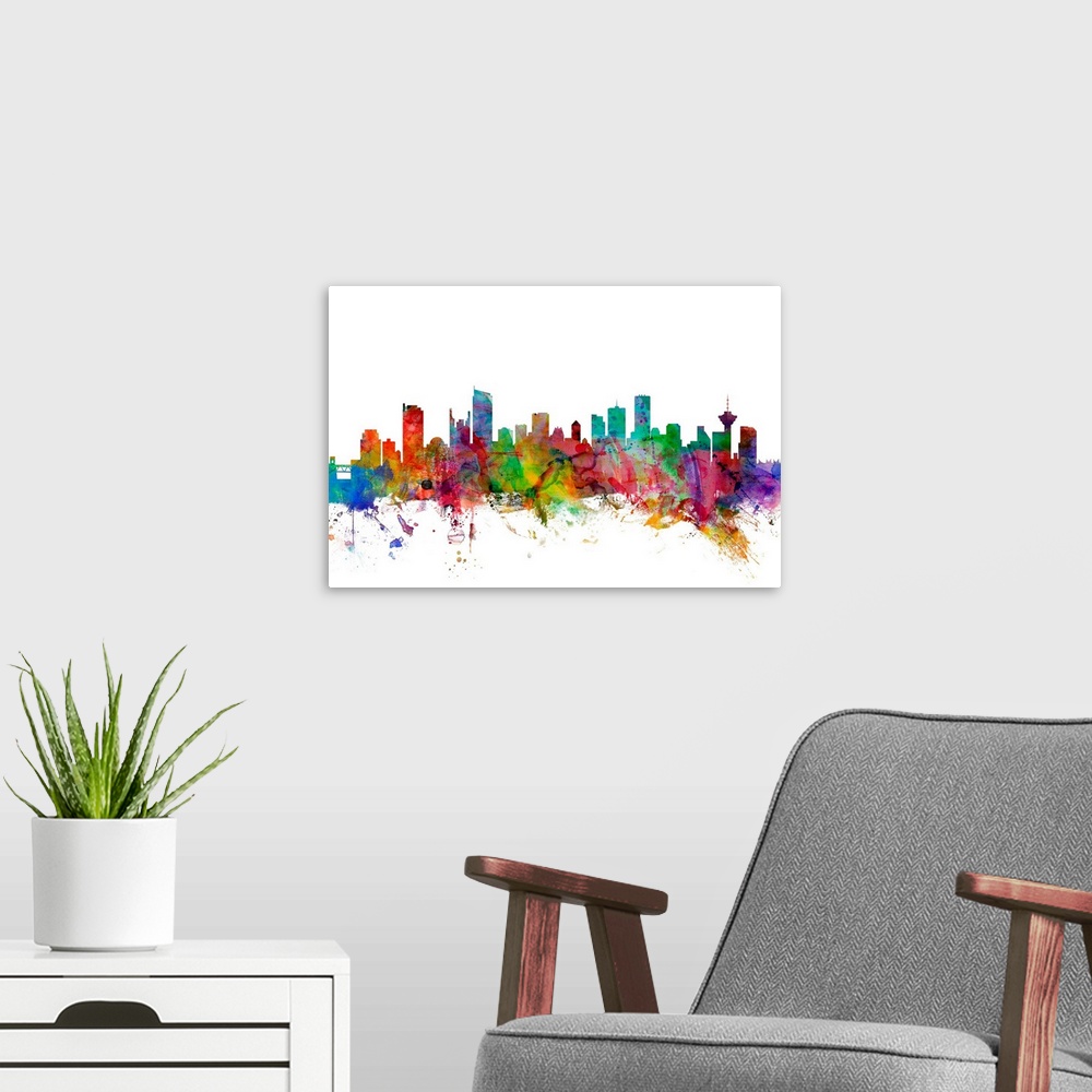 A modern room featuring Watercolor artwork of the Vancouver skyline against a white background.