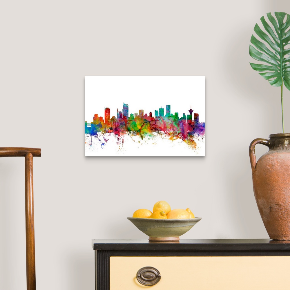 A traditional room featuring Watercolor artwork of the Vancouver skyline against a white background.
