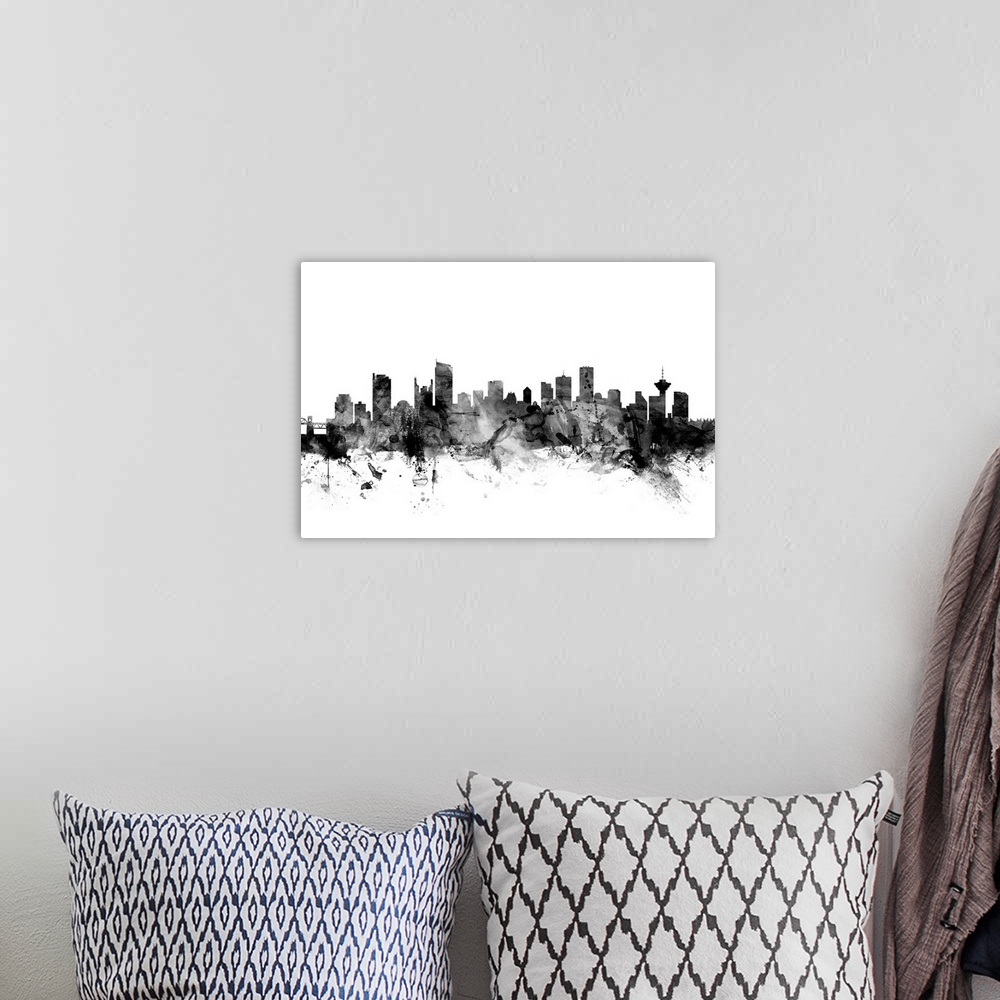 A bohemian room featuring Contemporary artwork of the Vancouver city skyline in black watercolor paint splashes.