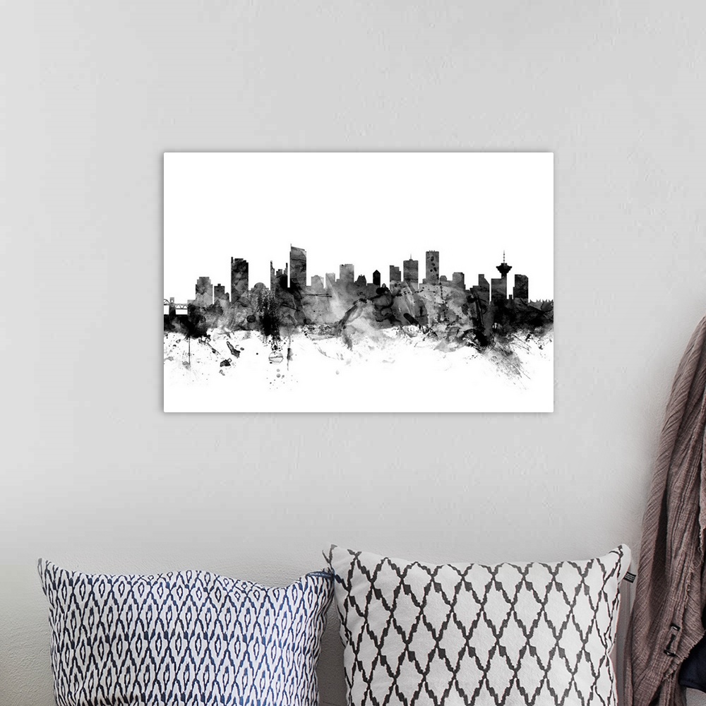 A bohemian room featuring Contemporary artwork of the Vancouver city skyline in black watercolor paint splashes.