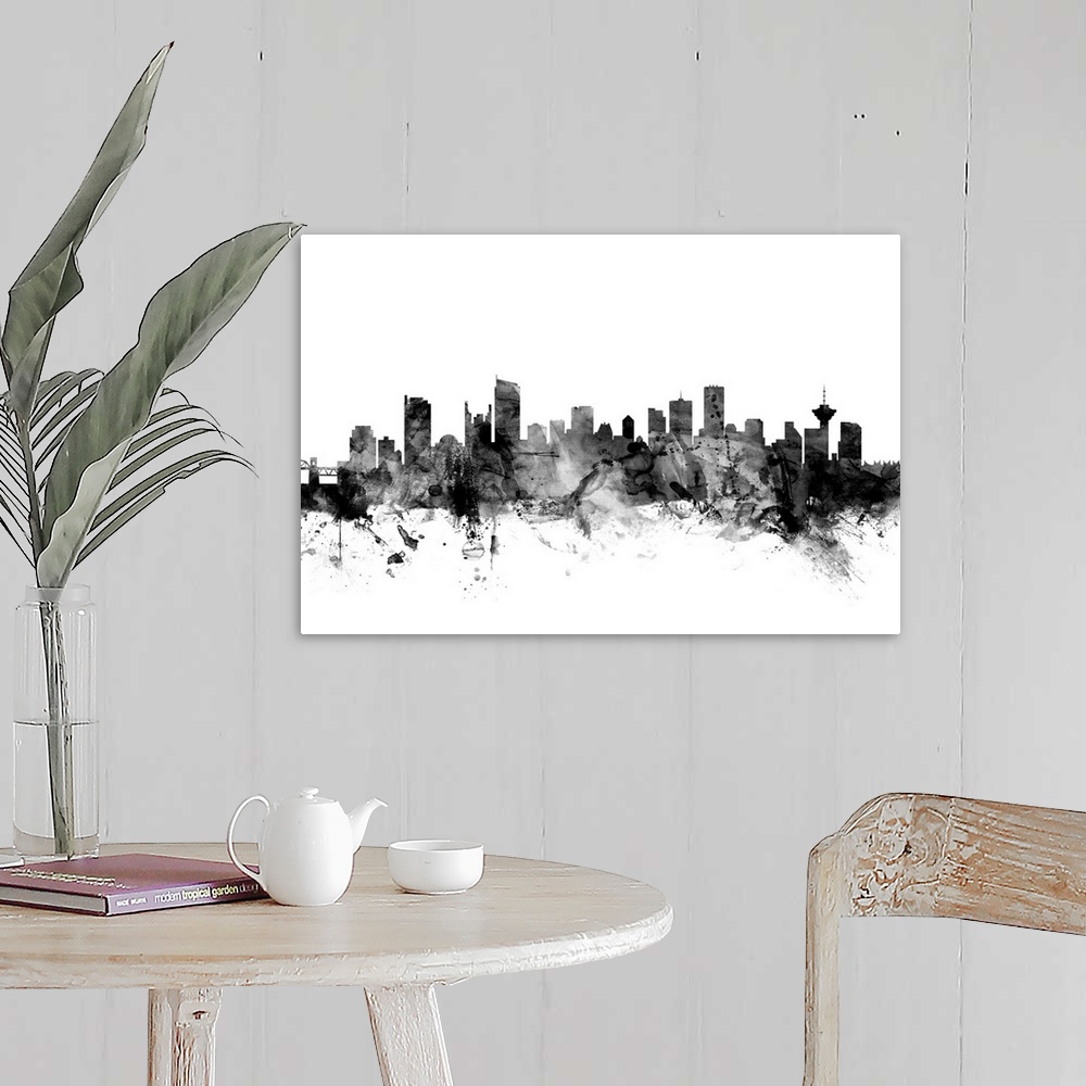 A farmhouse room featuring Contemporary artwork of the Vancouver city skyline in black watercolor paint splashes.