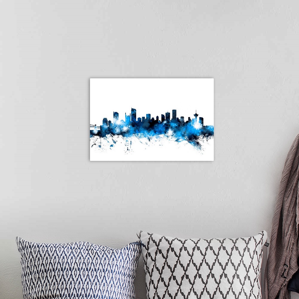 A bohemian room featuring Watercolor art print of the skyline of the city of Vancouver, British Columbia, Canada.