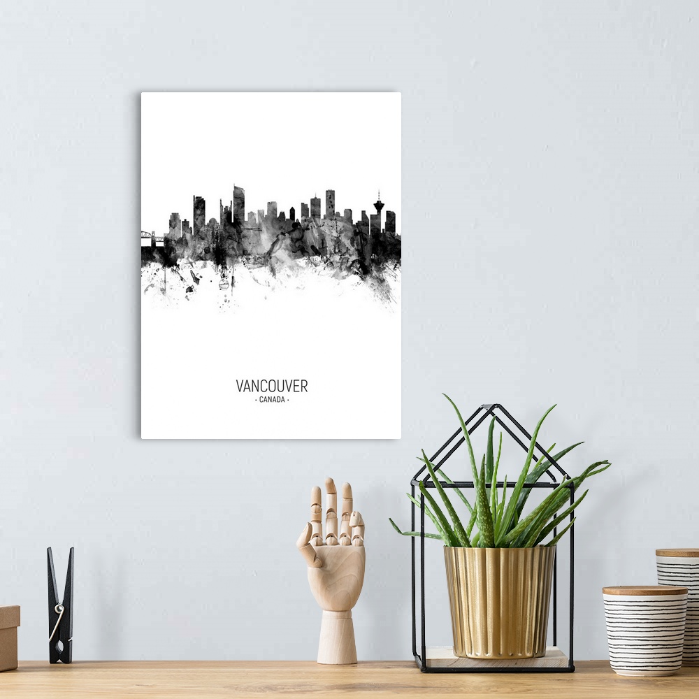 A bohemian room featuring Watercolor art print of the skyline of the city of Vancouver, British Columbia, Canada