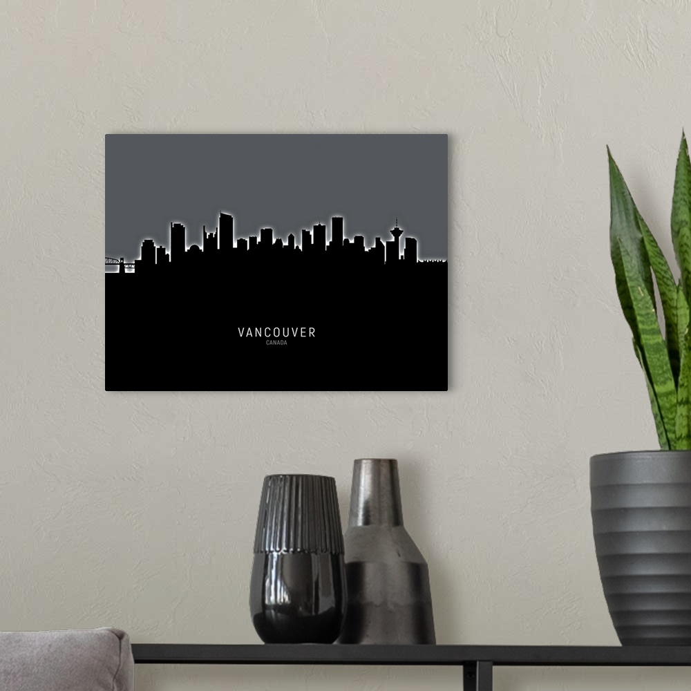 A modern room featuring Skyline of the city of Vancouver, British Columbia, Canada.