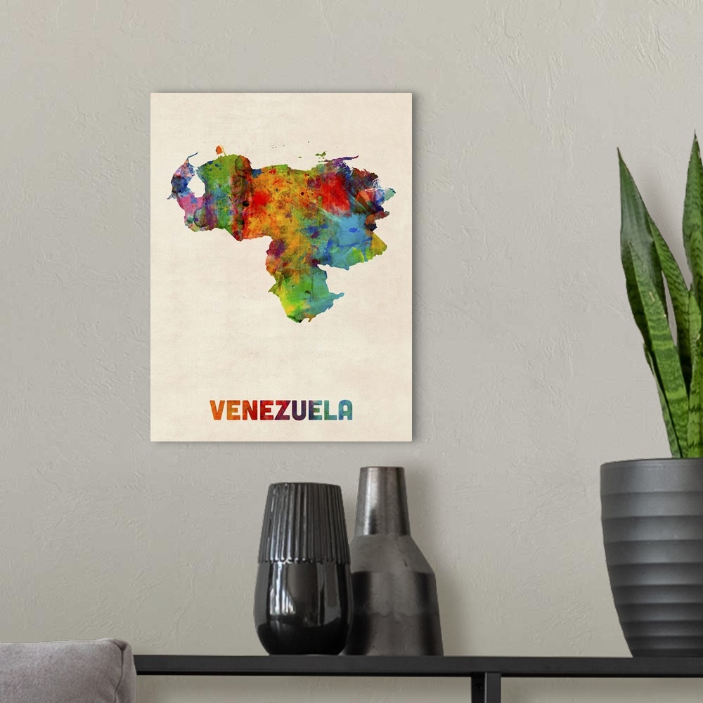 A modern room featuring Watercolor art map of the country Venezuela against a weathered beige background.