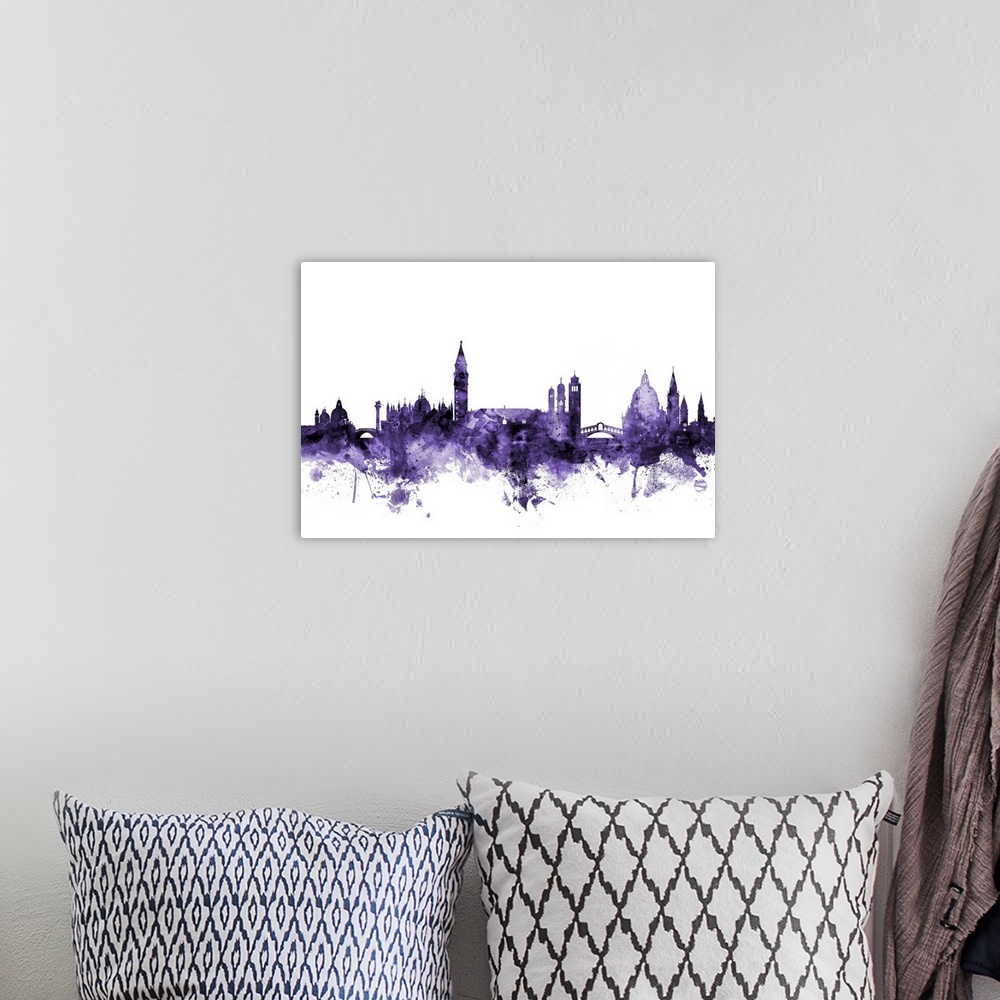 A bohemian room featuring Watercolor art print of the skyline of Venice, Italy