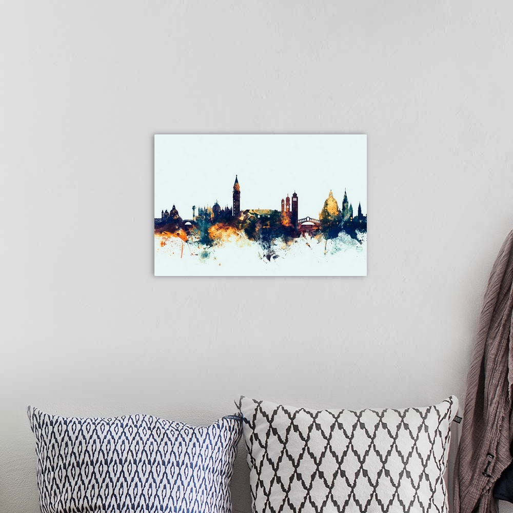 A bohemian room featuring Watercolor art print of the skyline of Venice, Italy.