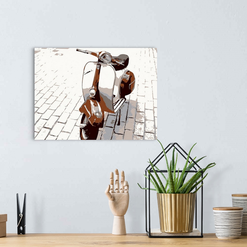 A bohemian room featuring Retro artwork of a Vespa scooter that stands alone on white brick.