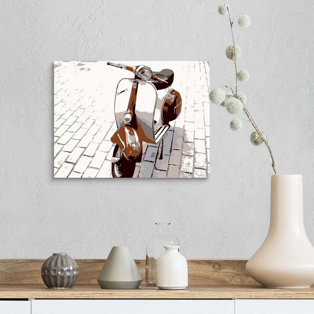 A farmhouse room featuring Retro artwork of a Vespa scooter that stands alone on white brick.