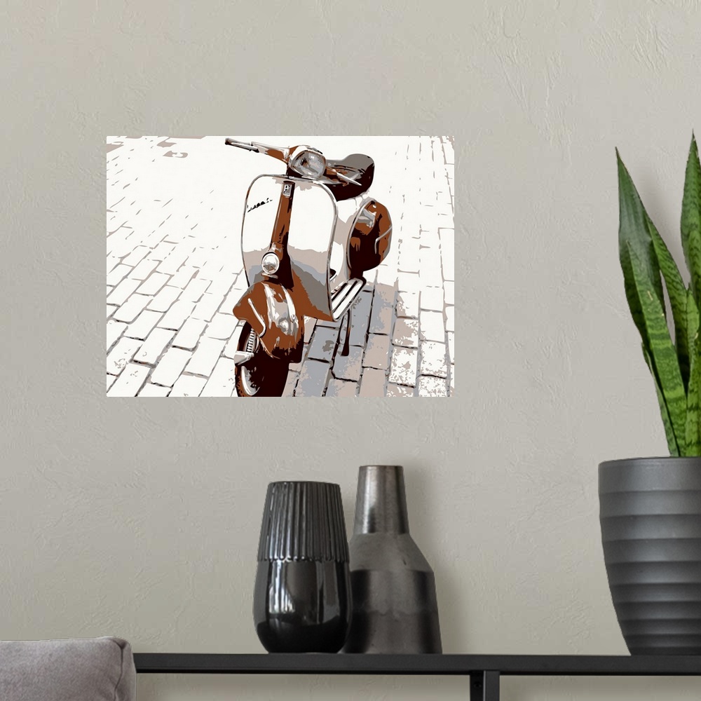 A modern room featuring Retro artwork of a Vespa scooter that stands alone on white brick.