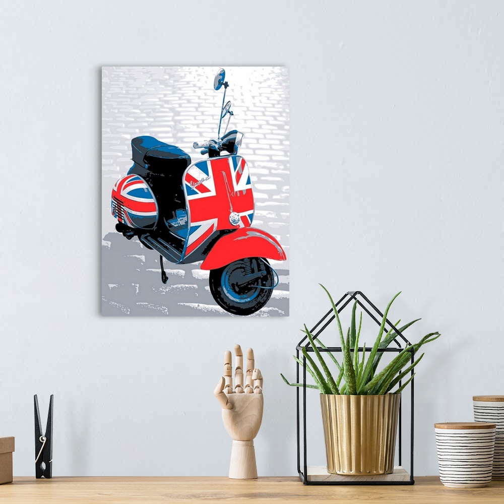 A bohemian room featuring Vespa Scooter on Cobble Street, Mod style design with British flag. Pop Art Print.