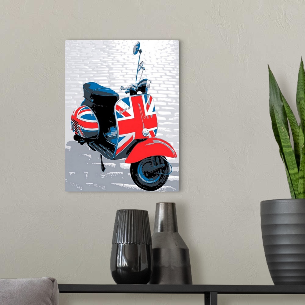 A modern room featuring Vespa Scooter on Cobble Street, Mod style design with British flag. Pop Art Print.