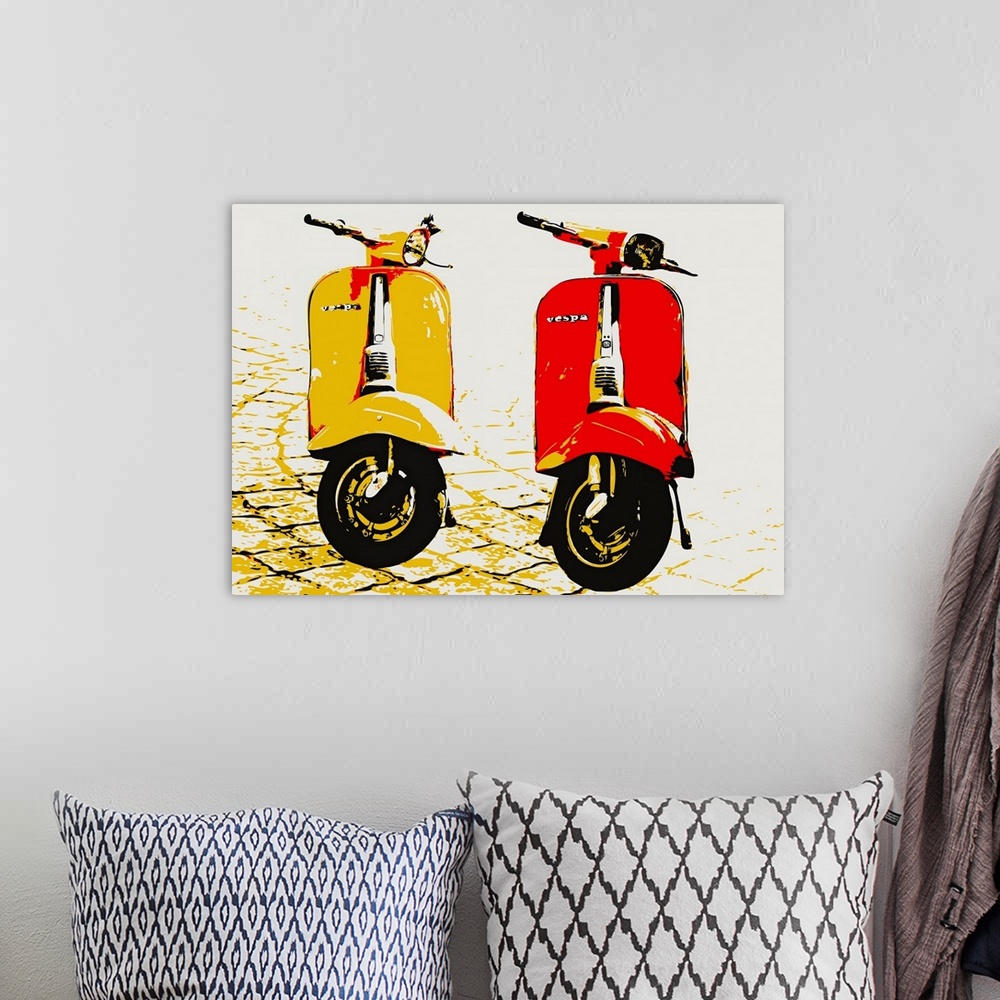A bohemian room featuring Contemporary artwork of two mopeds on brick paved street.