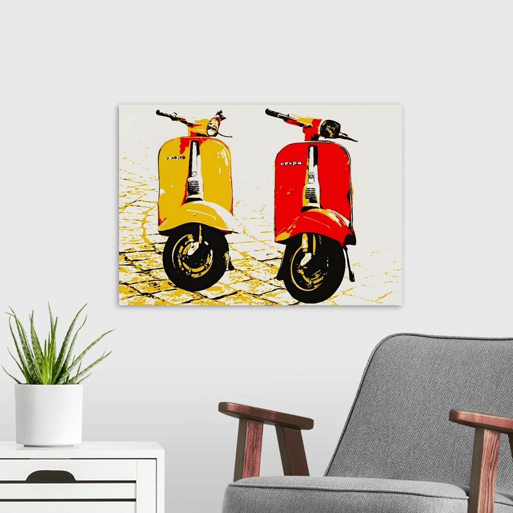A modern room featuring Contemporary artwork of two mopeds on brick paved street.