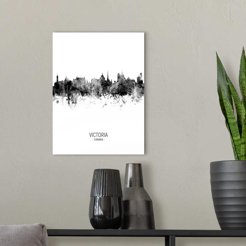 A modern room featuring Watercolor art print of the skyline of the city of Victoria, British Columbia, Canada