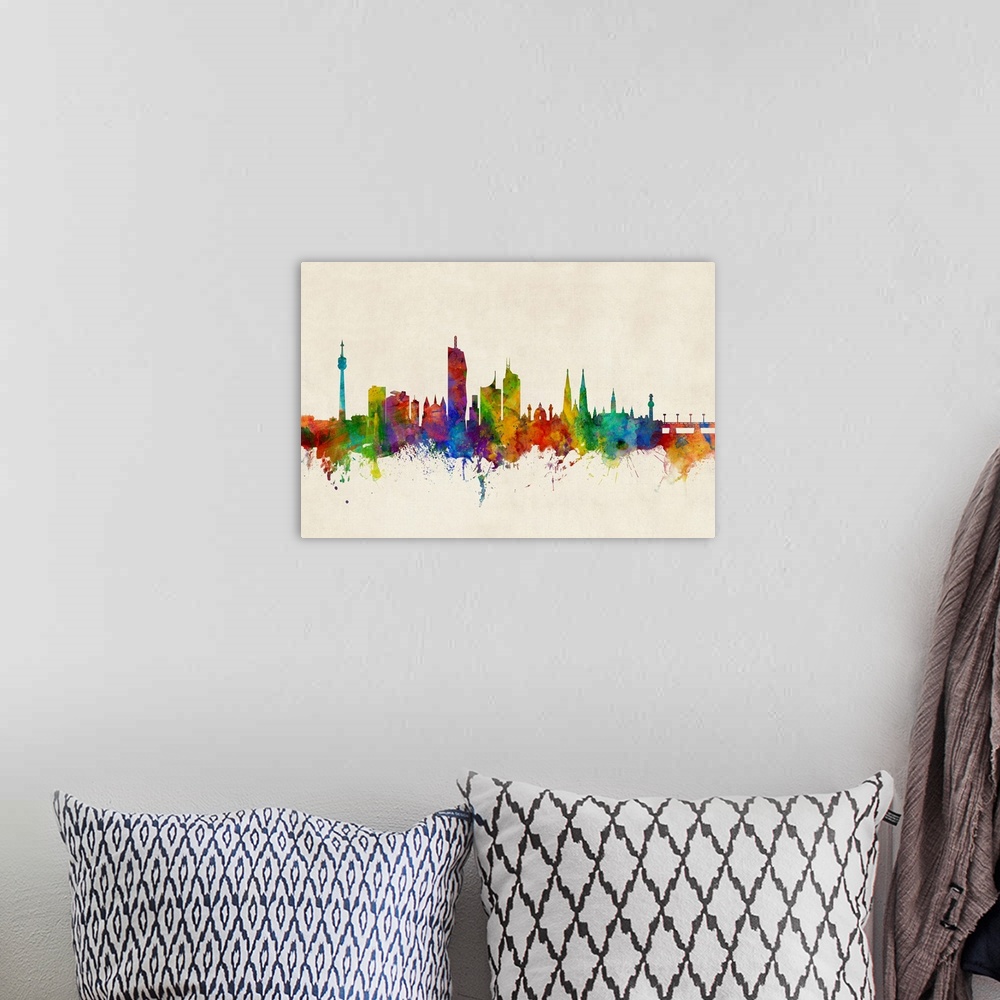 A bohemian room featuring Watercolor art print of the skyline of Vienna, Austria