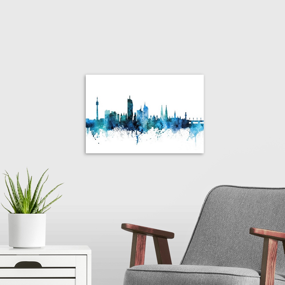 A modern room featuring Watercolor art print of the skyline of Vienna, Austria.