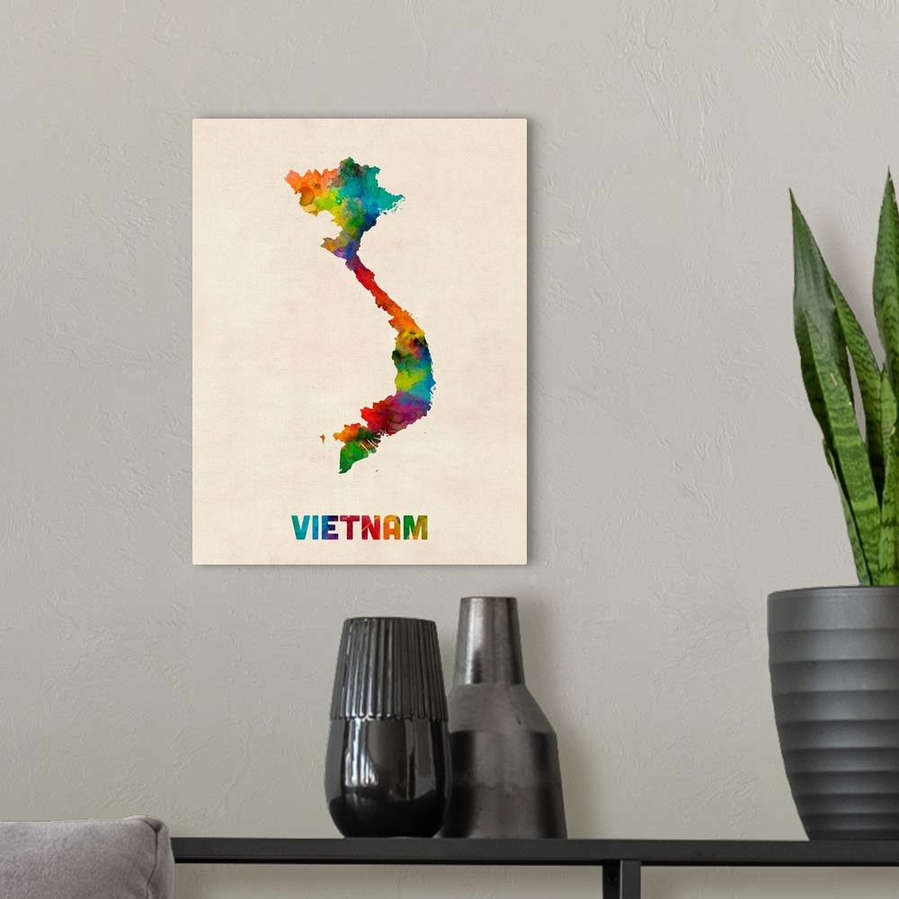 A modern room featuring Colorful watercolor art map of Vietnam against a distressed background.