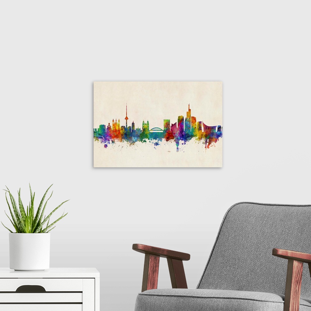 A modern room featuring Watercolor art print of the skyline of Vilnius, Lithuania
