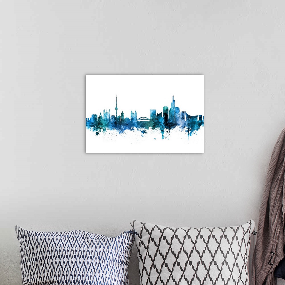 A bohemian room featuring Watercolor art print of the skyline of Vilnius, Lithuania.