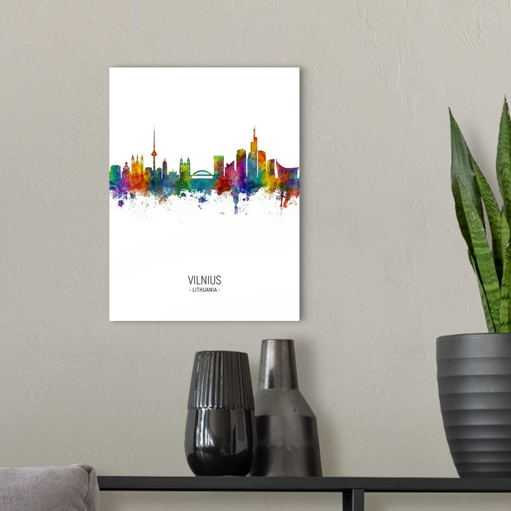 A modern room featuring Watercolor art print of the skyline of Vilnius, Lithuania