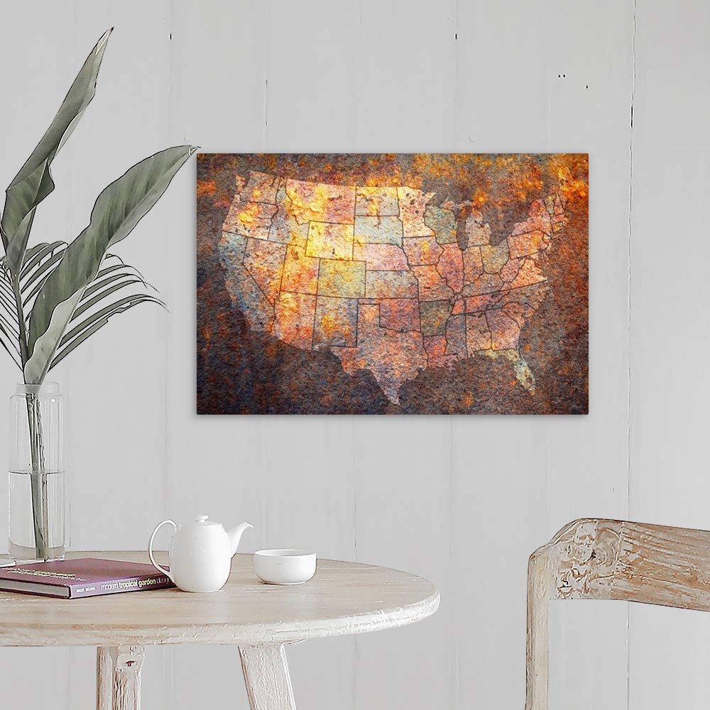 A farmhouse room featuring Grungy canvas of a map of the United States of America with the states painted various colors.