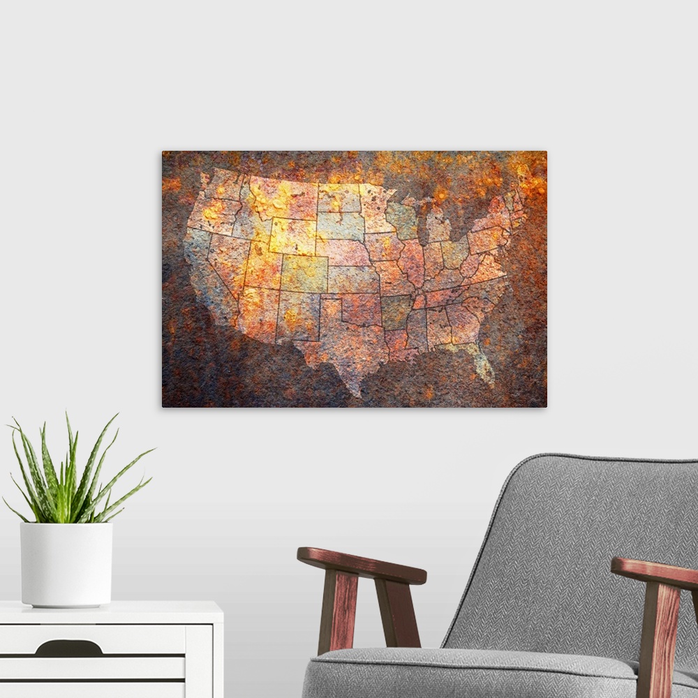 A modern room featuring Grungy canvas of a map of the United States of America with the states painted various colors.