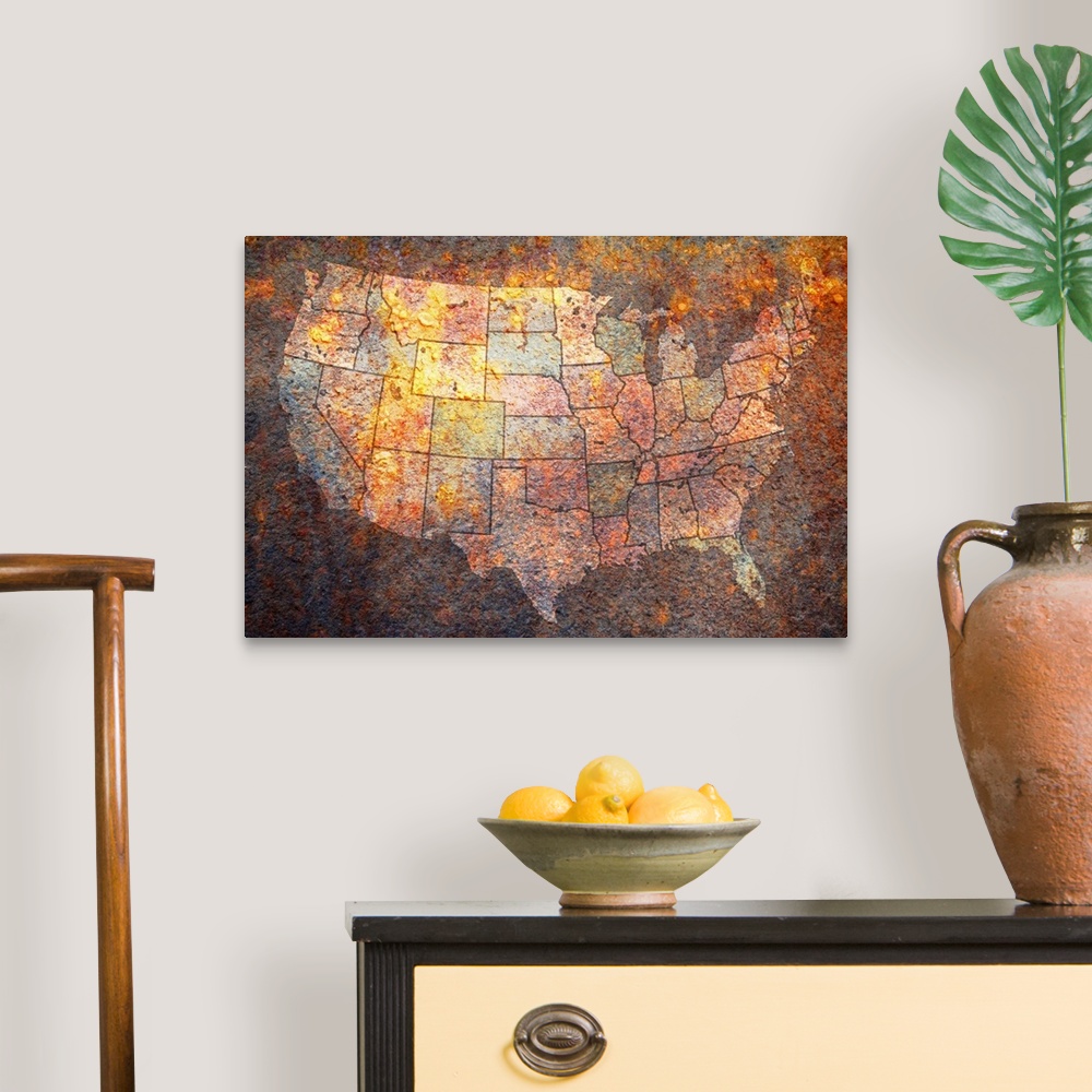 A traditional room featuring Grungy canvas of a map of the United States of America with the states painted various colors.