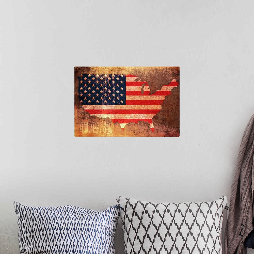 A bohemian room featuring Big illustration depicts a map of the United States filled in with an American flag and text belo...