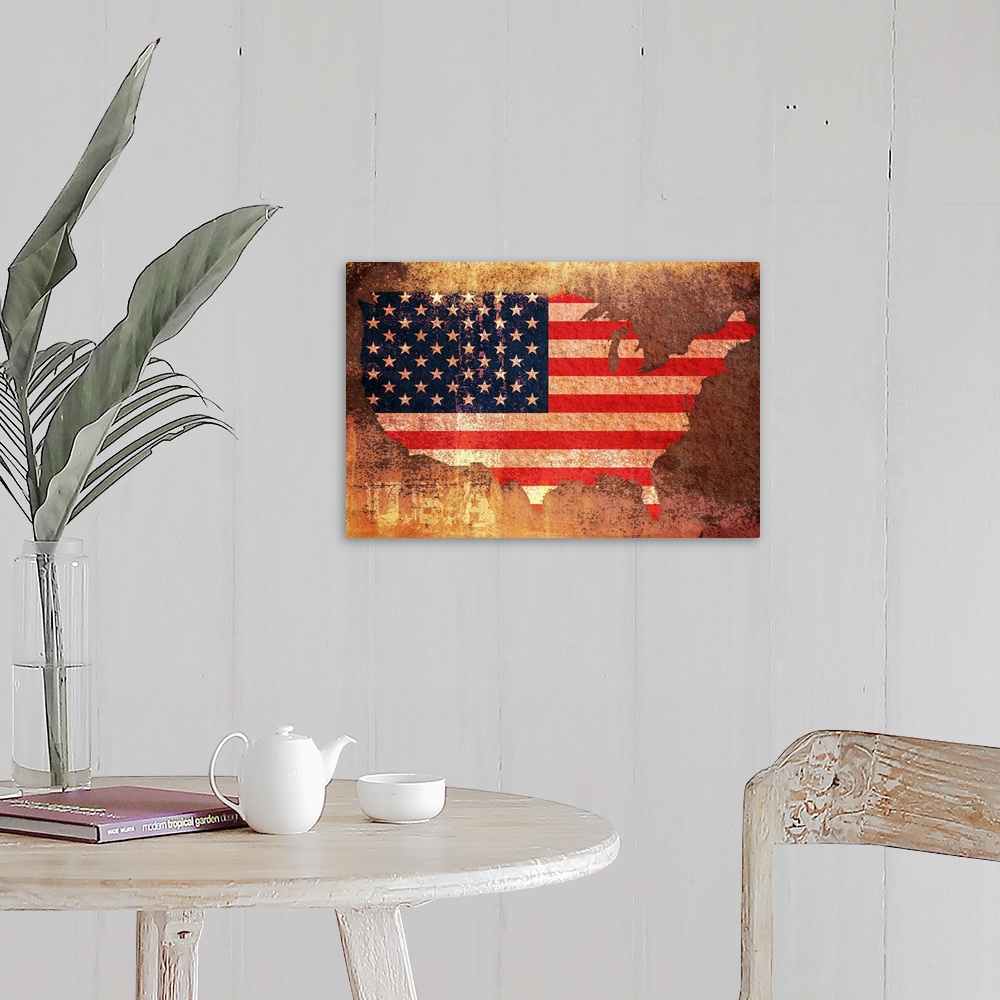 A farmhouse room featuring Big illustration depicts a map of the United States filled in with an American flag and text belo...