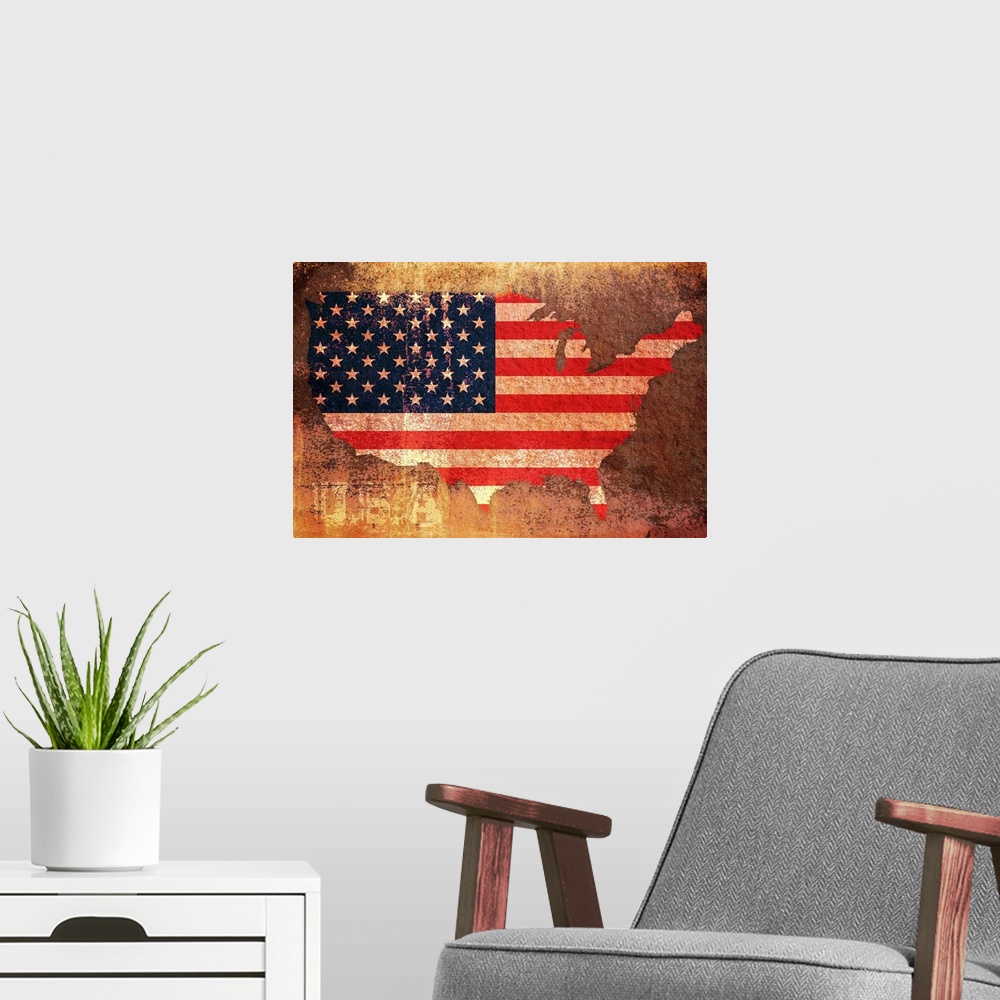 A modern room featuring Big illustration depicts a map of the United States filled in with an American flag and text belo...