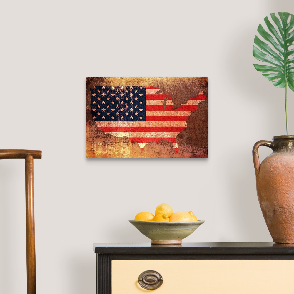 A traditional room featuring Big illustration depicts a map of the United States filled in with an American flag and text belo...