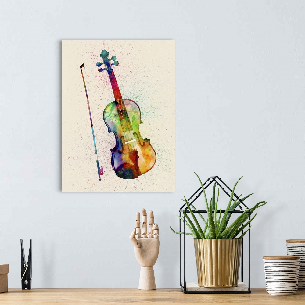 A bohemian room featuring Contemporary artwork of a violin with bright colorful watercolor paint splatter all over it.