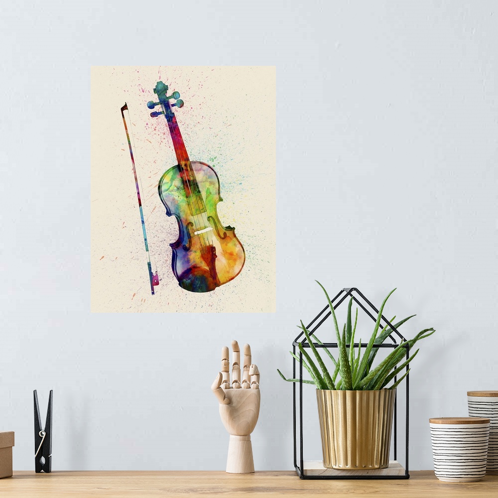 A bohemian room featuring Contemporary artwork of a violin with bright colorful watercolor paint splatter all over it.