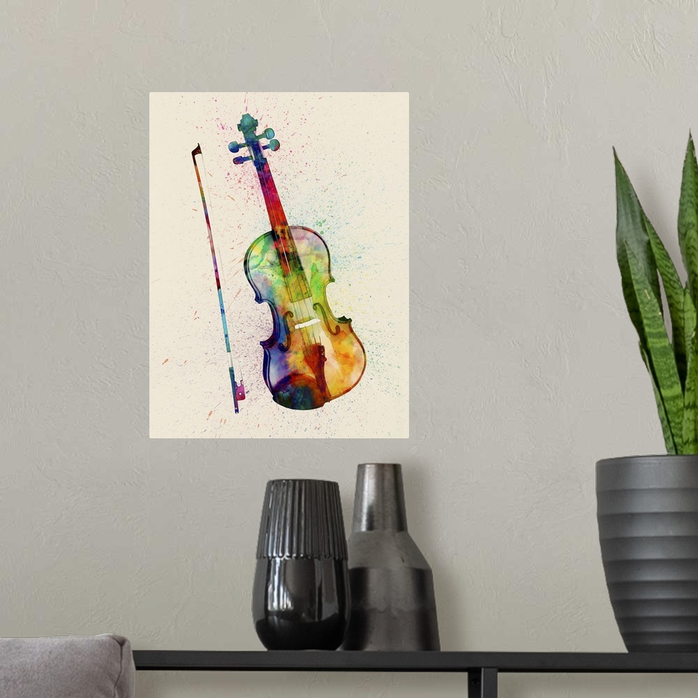 A modern room featuring Contemporary artwork of a violin with bright colorful watercolor paint splatter all over it.