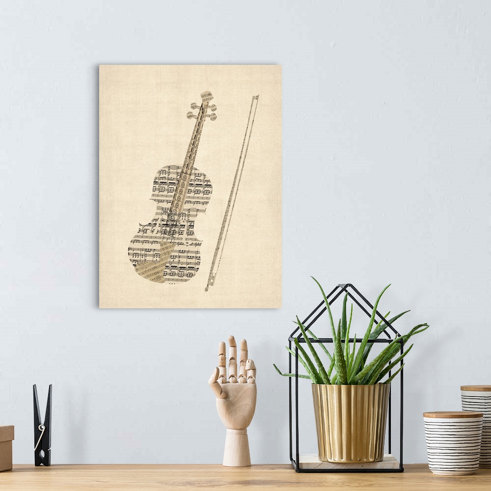 A bohemian room featuring A violin created from a collage of old sheet music on a vintage background